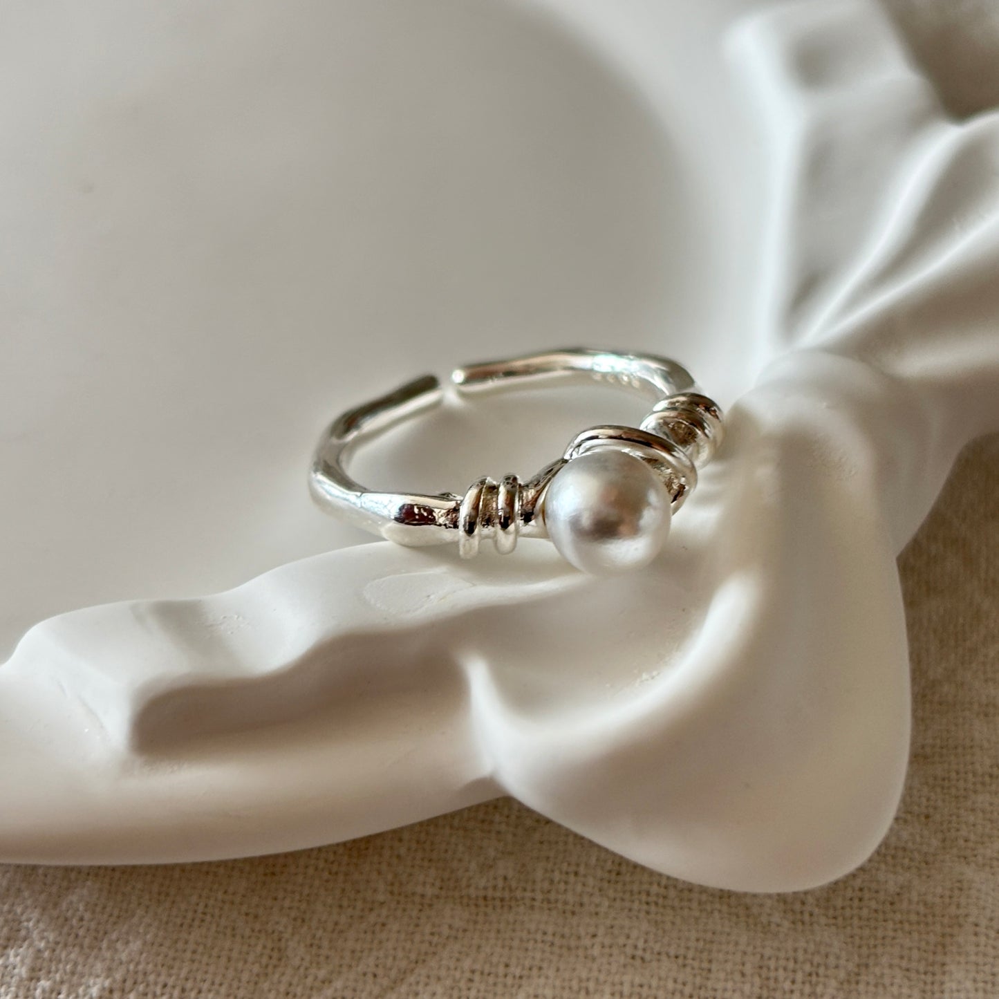 Enchanted Silver Pearl Ring Light Luxury Romantic Gift Women by ASTRALOOM on white decorative dish