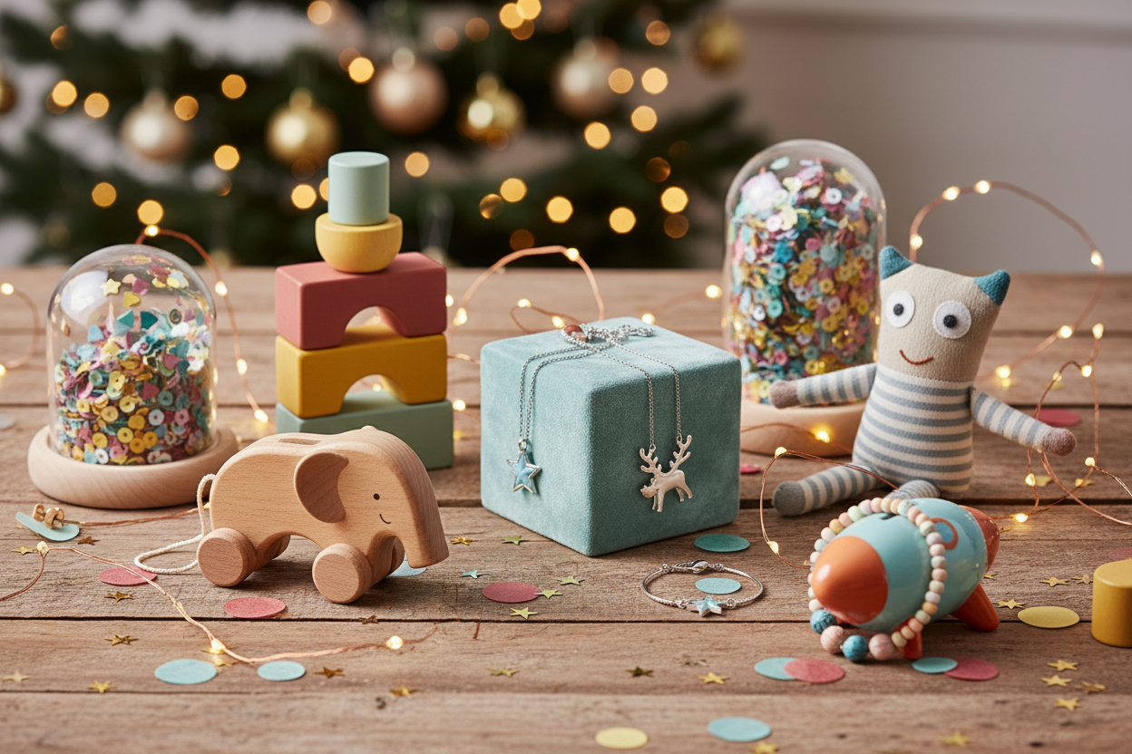 Playful children’s Christmas tabletop scene; soft bright holiday colors (pastel red, teal, warm yellow), jewelry styled with 5 abstract kid-themed gift elements (playful toys, colorful keepsakes); warm twinkle lights, scattered festive confetti or stars, wooden surface, whimsical yet premium aesthetic.