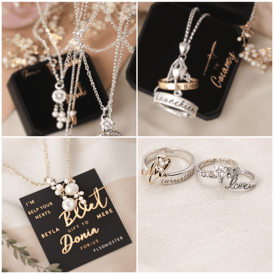 Close-up of elegant personalized necklaces and rings on a soft background, symbolizing meaningful and heartfelt gift-giving.