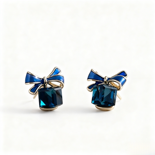 Klein Blue Elegance – Vintage Bow Stud Earrings, Minimal & Refined