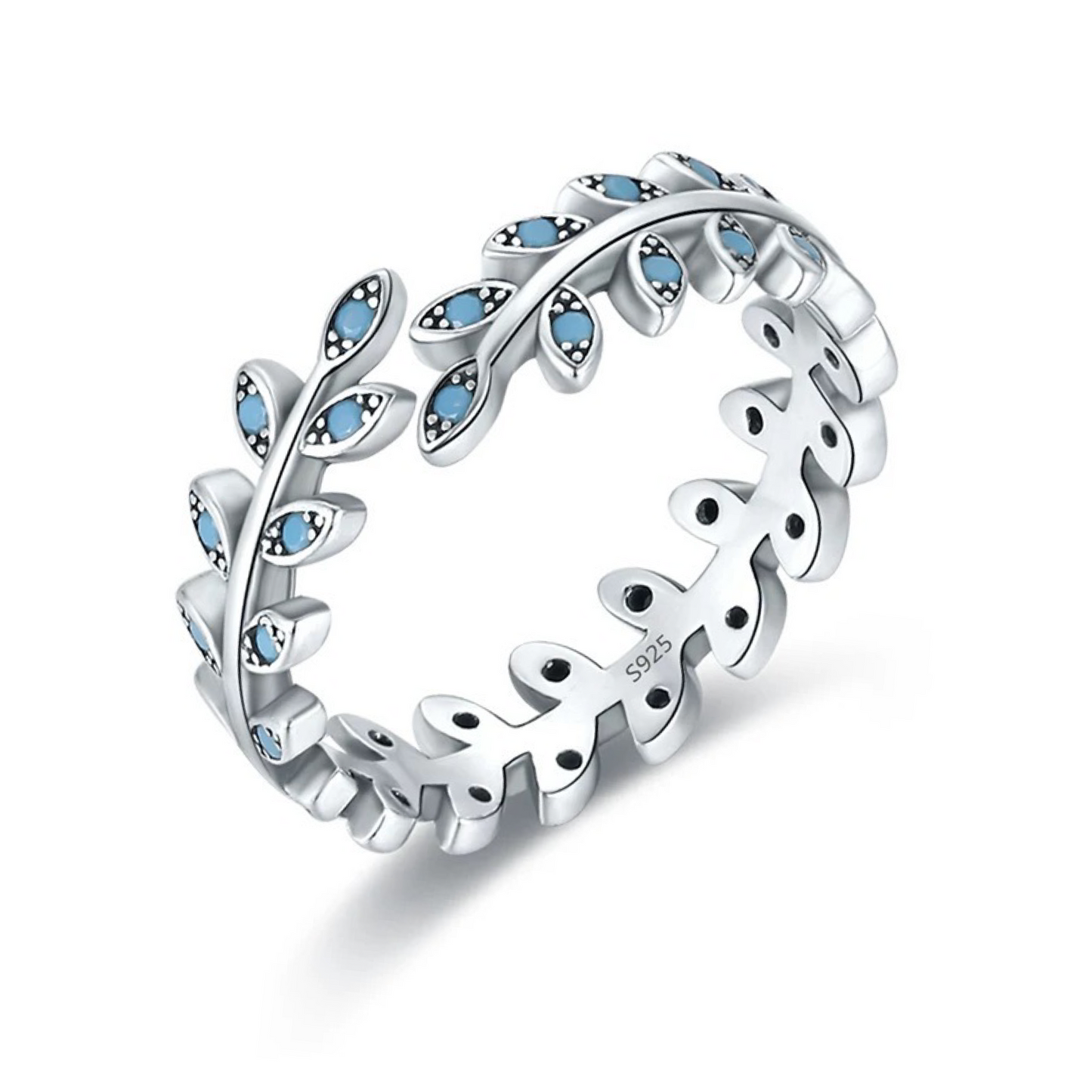 Silver ring with blue gemstones on a white background