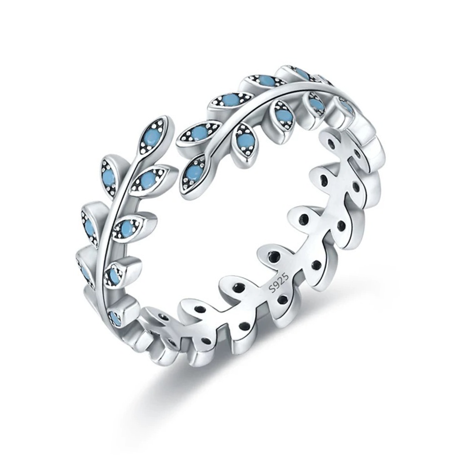 Silver ring with blue gemstones on a white background