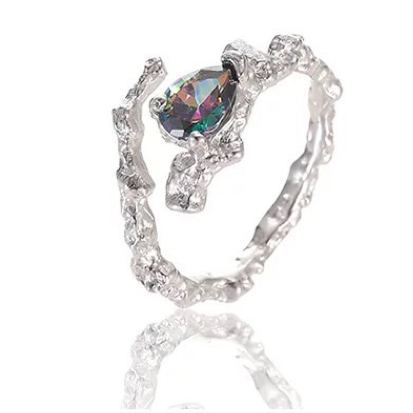 Silver ring with a colorful gemstone on a white background