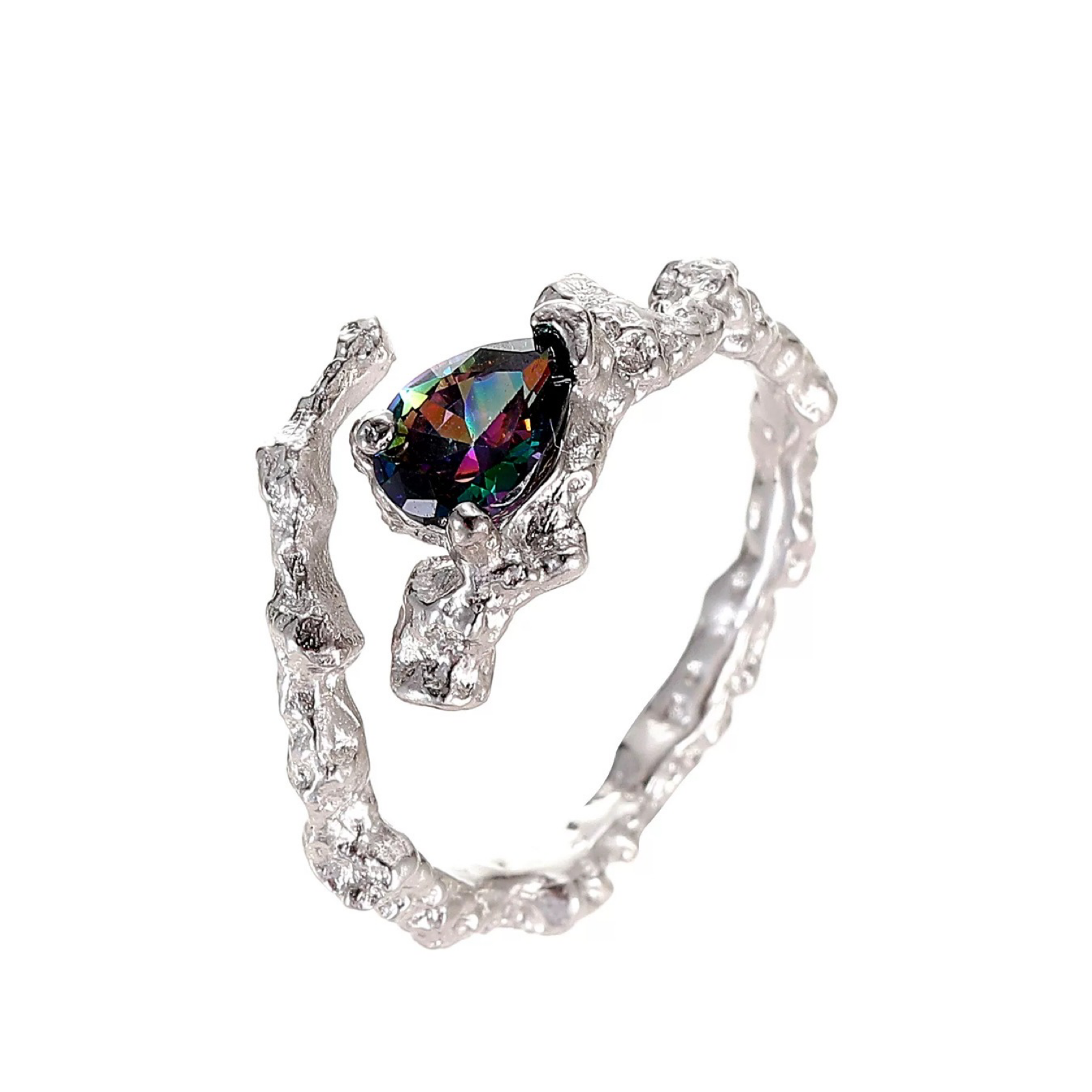 Silver ring with a colorful gemstone on a white background