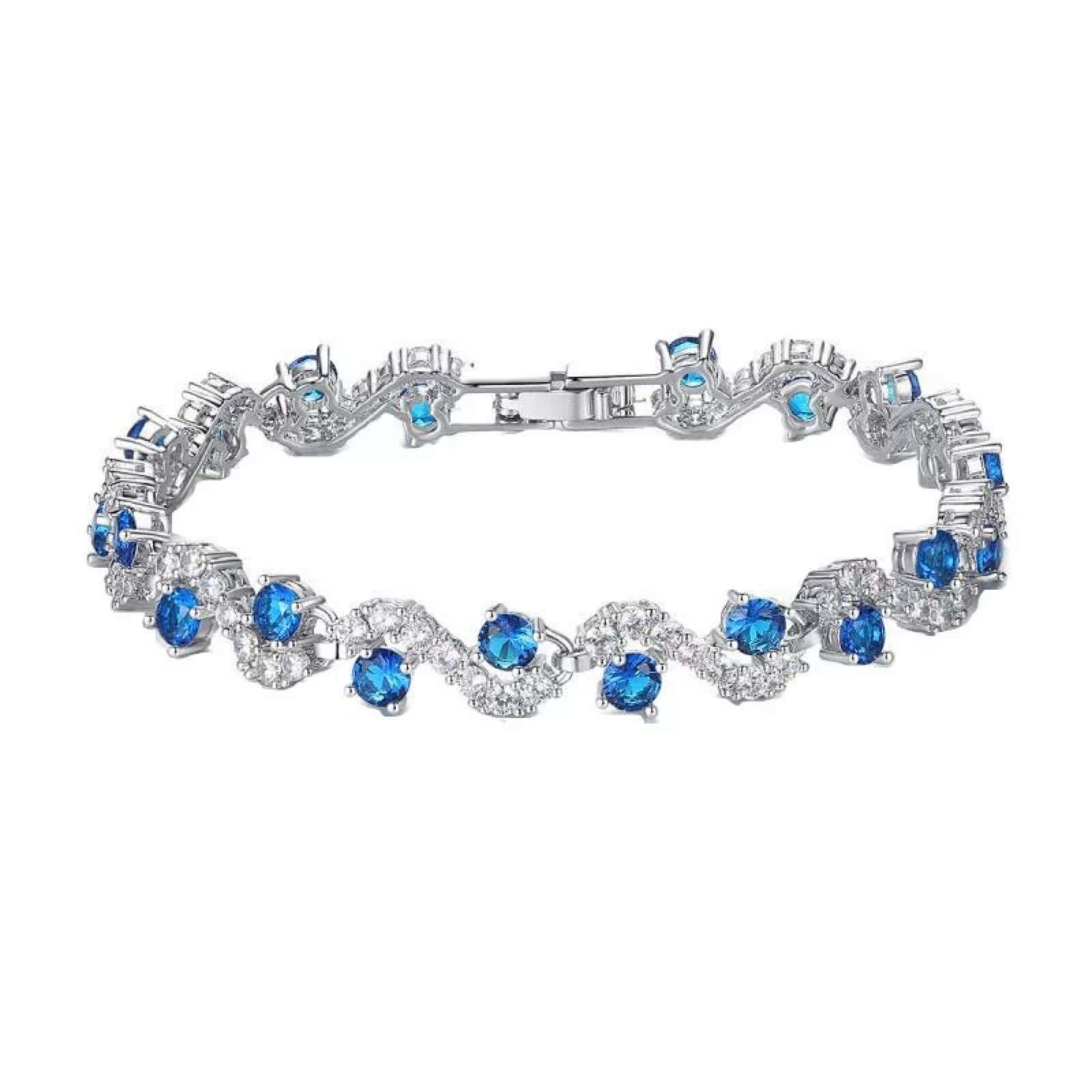 Silver bracelet with blue gemstones on a white background