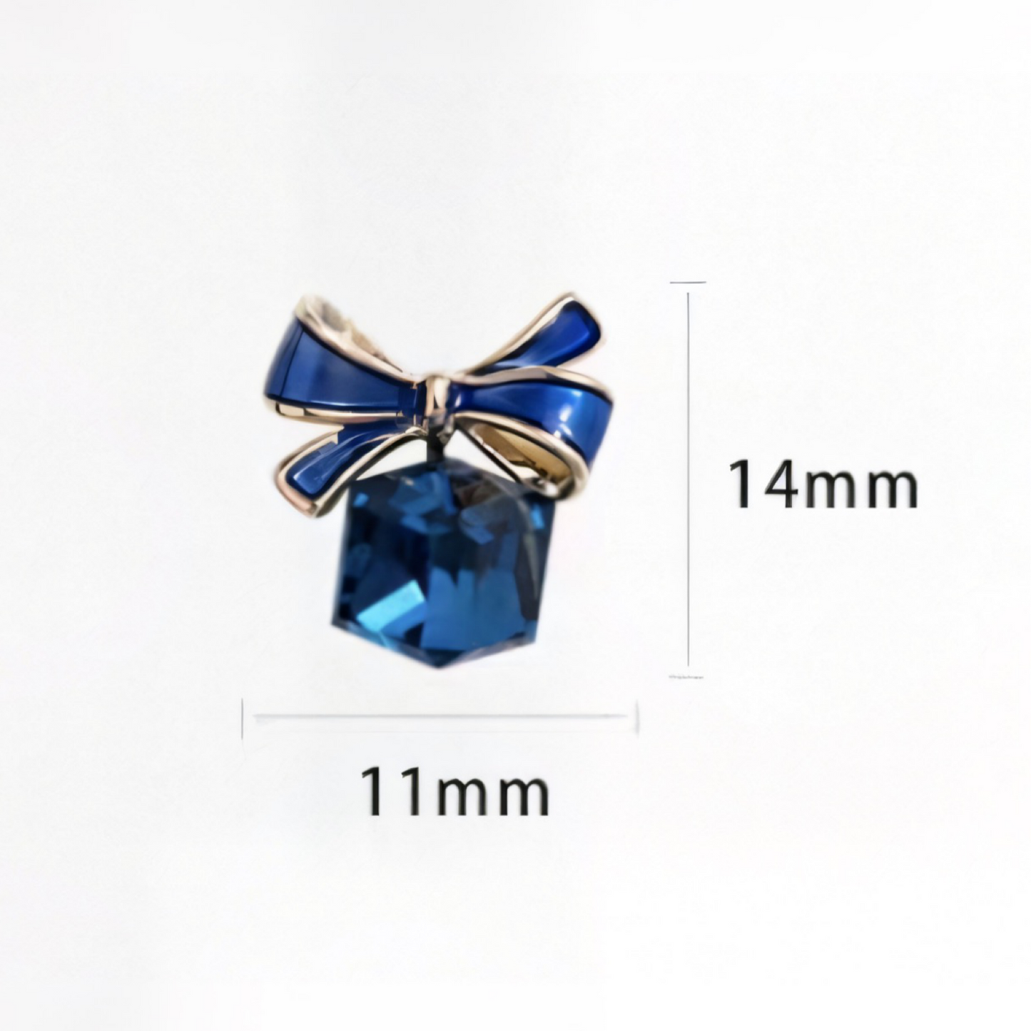 Blue gemstone charm with gold bow and measurements on a white background