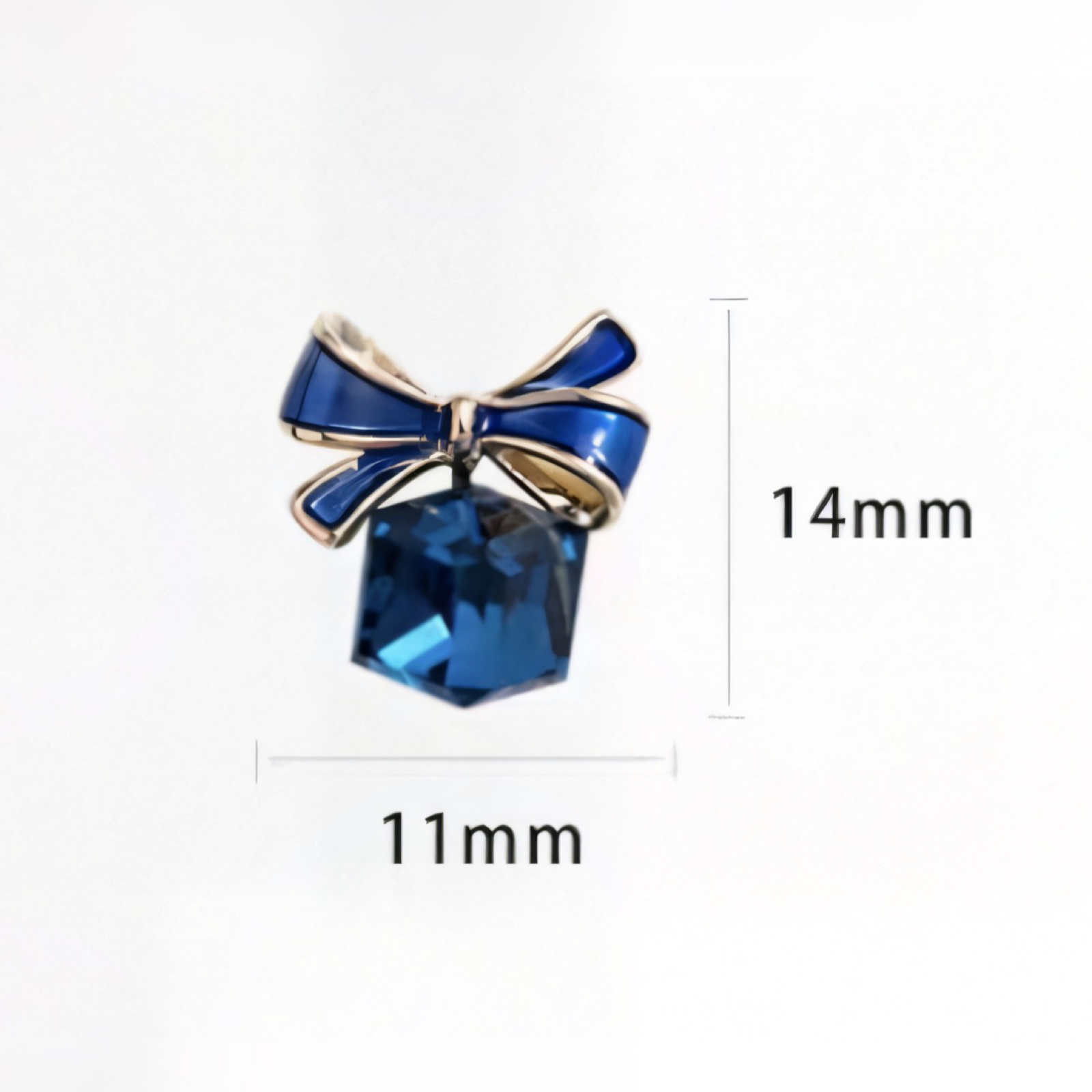 Blue gemstone charm with gold bow and measurements on a white background