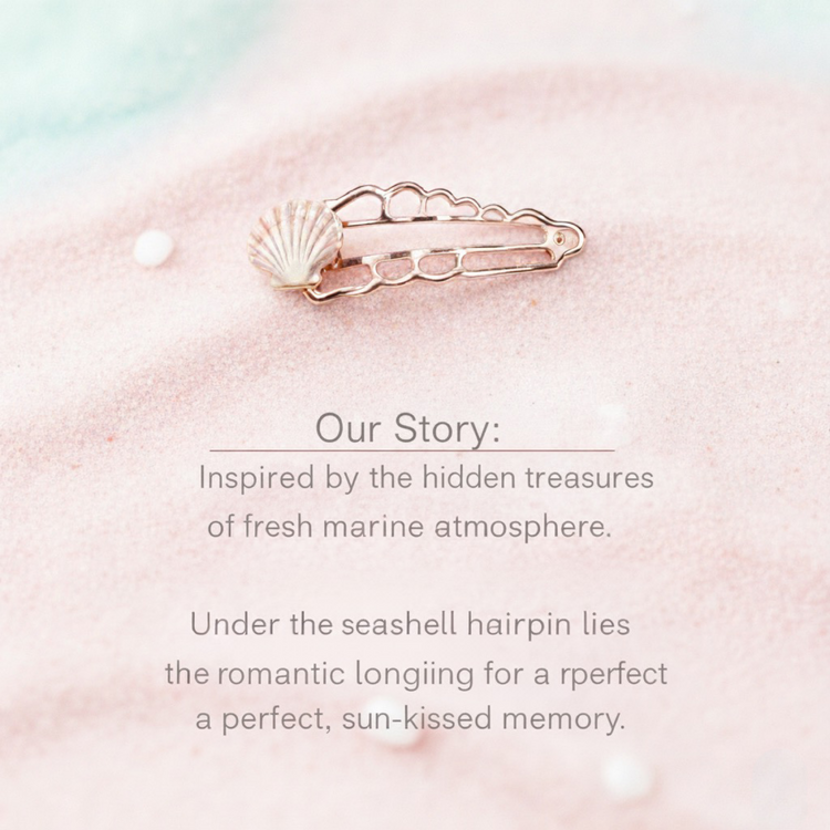 Gold seashell hair clip on sand background for online jewelry store.