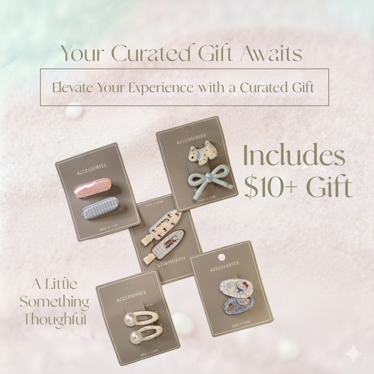 Set of hair accessories on cards with promotional text on a soft background