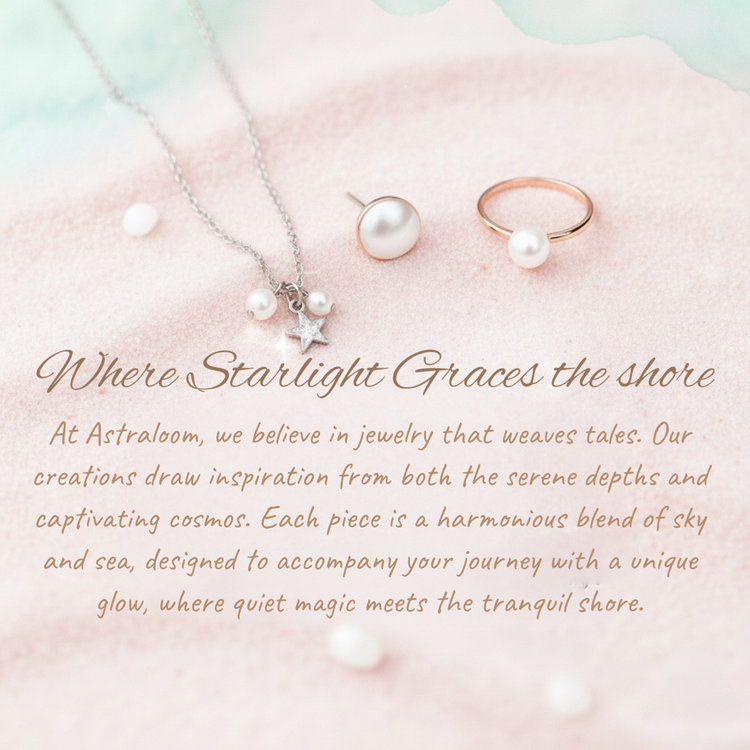 Pearl jewelry set with necklace, earrings, and ring on a soft pink background with text about Astraloom jewelry.