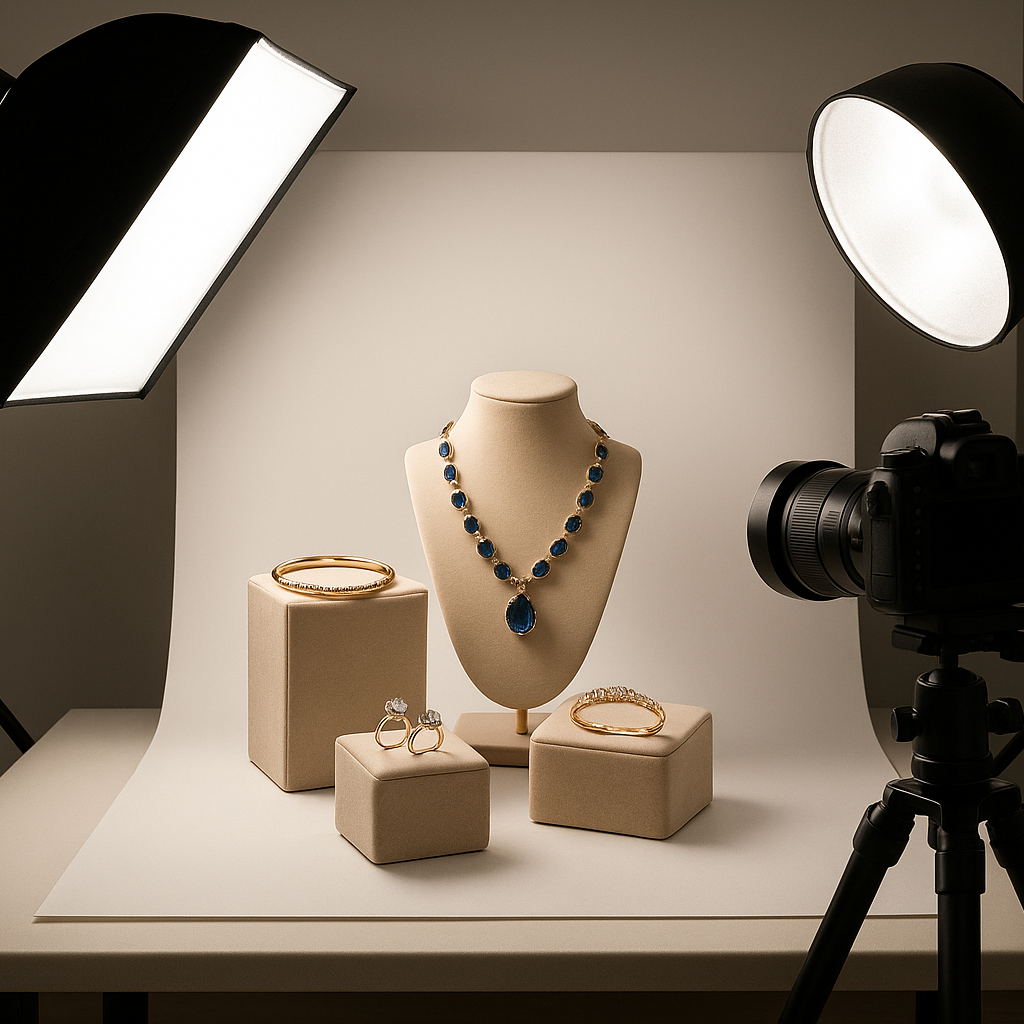 Jewelry setup with camera, lights, and mannequin on a white backdrop