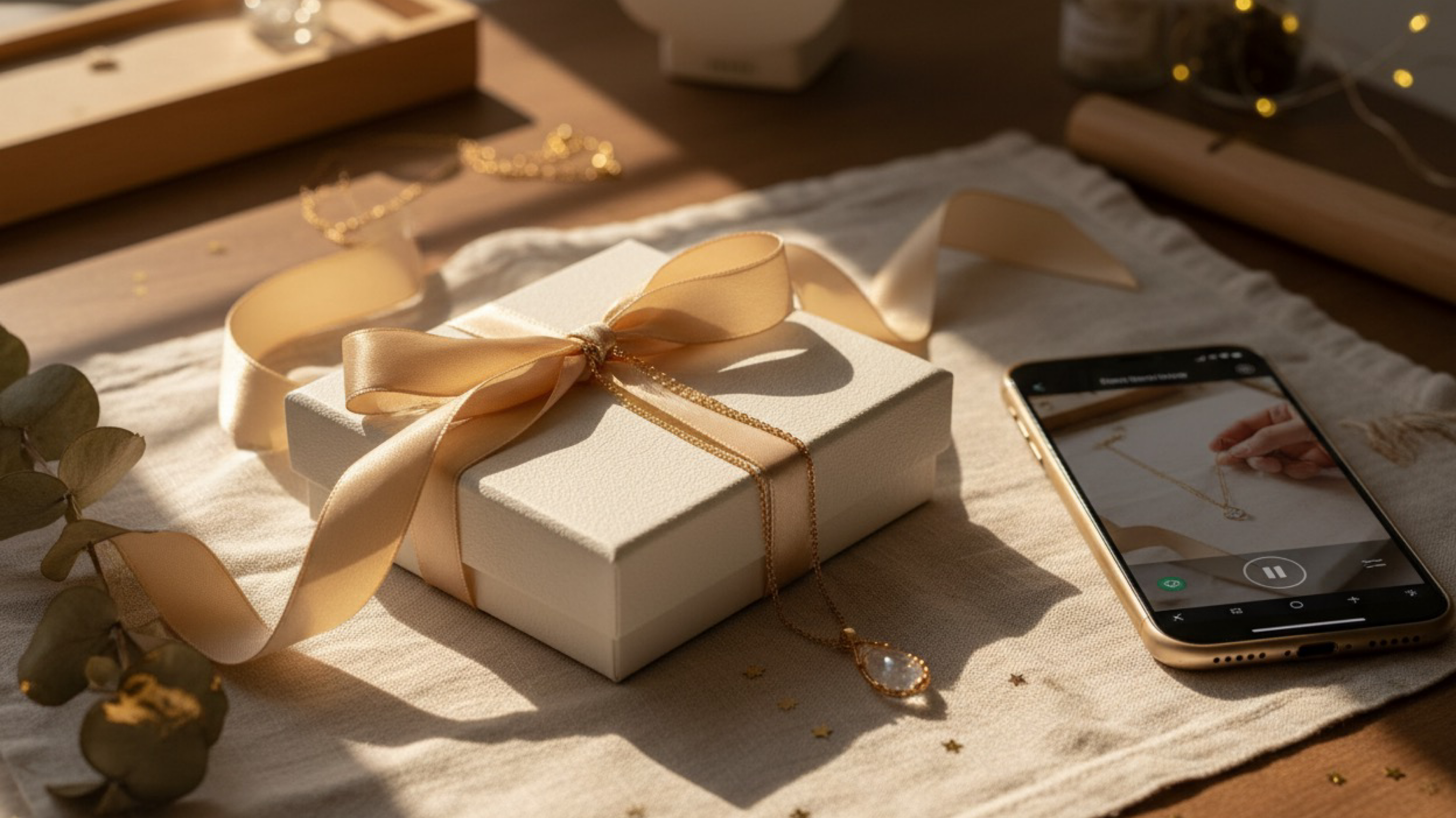 A wide 2730px × 1535 px hero-style scene of a cozy small jewelry studio table. A ribbon-tied handmade jewelry gift box sits on soft neutral fabric, with a piece of jewelry catching warm natural light. A phone displaying a jewelry video preview is placed subtly to the side. Soft shadows, warm tones, minimal festive accents, clean composition, inviting and premium-handmade aesthetic—all arranged to fit comfortably in a wide landscape banner.