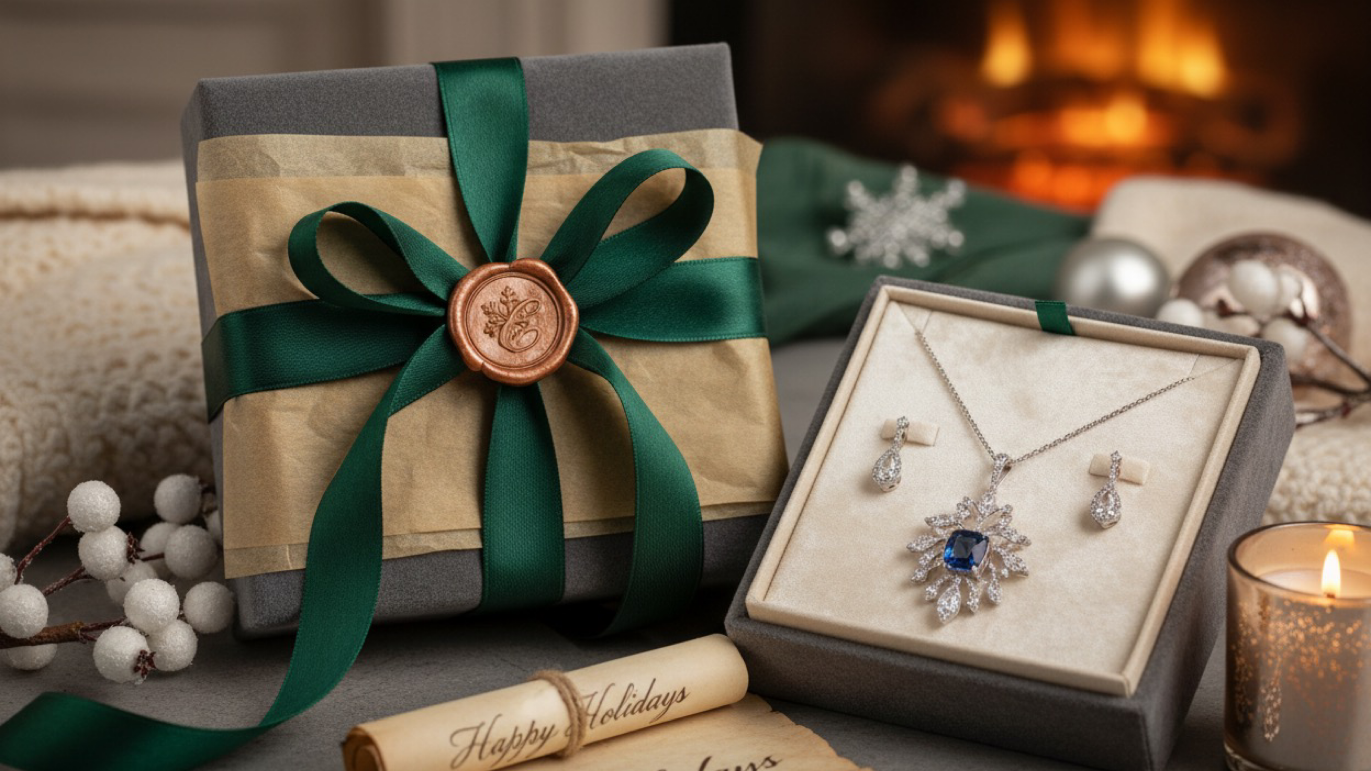 An elegant jewelry gift presentation designed for premium seasonal gifting: a ribbon-tied jewelry box with soft tissue wrap, custom seal, and a piece of jewelry displayed on delicate, cozy theme