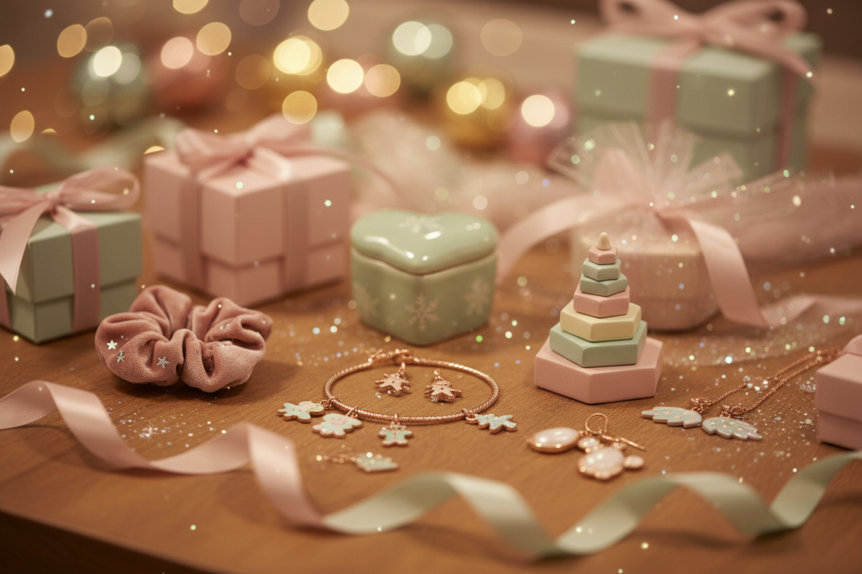 Cozy holiday boutique scene for a youthful Christmas set; soft warm lighting, pastel blush and mint accents, elegant jewelry arranged with 5 abstract youthful gift elements (cute accessories, pastel keepsakes, seasonal charms); warm wooden surface, gentle festive bokeh lights, premium but playful aesthetic, no harsh black or white, delicate sparkles, shallow depth of field.