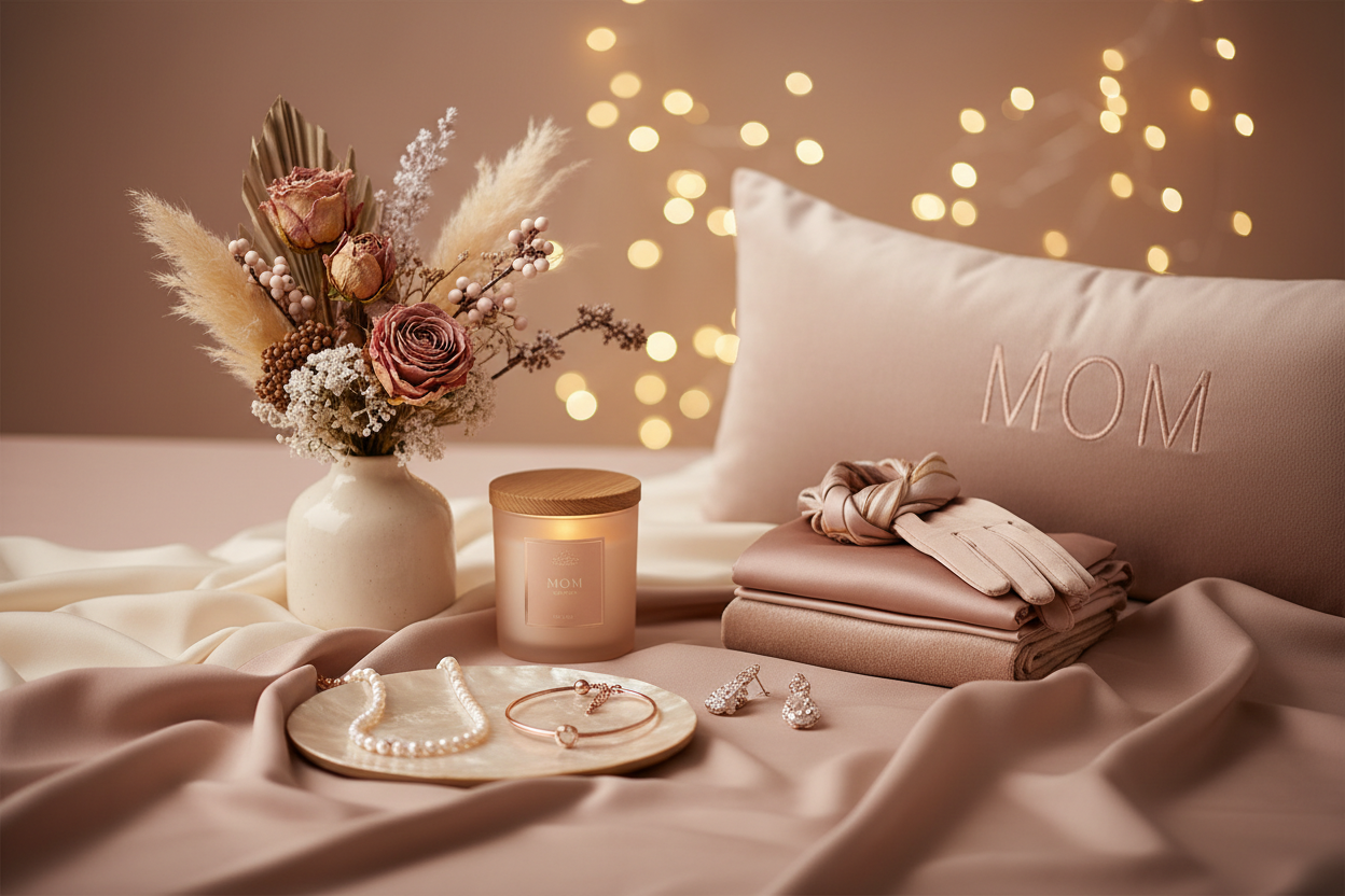 Elegant mother-themed Christmas still-life; warm rose-beige palette, jewelry displayed with 4 abstract gentle gift elements (floral-inspired, warm-scent, elegant accessories); soft-focus holiday lights, warm glow, delicate fabric textures, heartfelt premium mood.