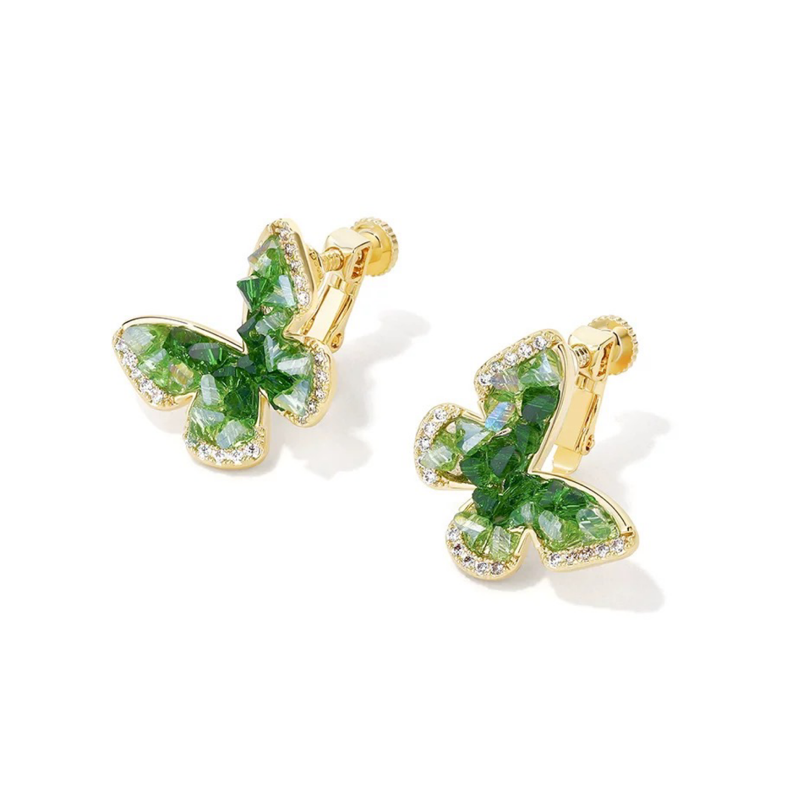 Emerald Green Crystal Butterfly Earrings Clip-On Stud Women Summer 2025 with gold-tone setting