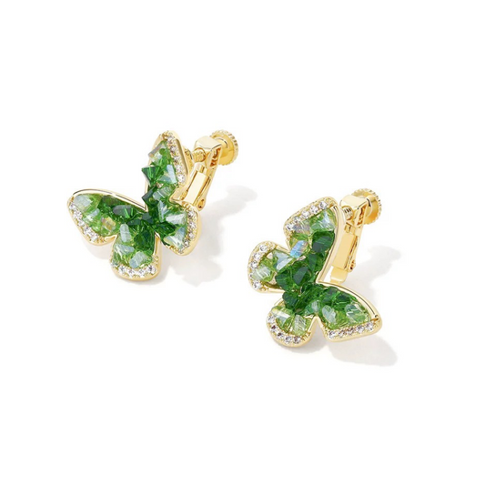 Emerald Green Crystal Butterfly Earrings Clip-On Stud Women Summer 2025 with gold-tone setting