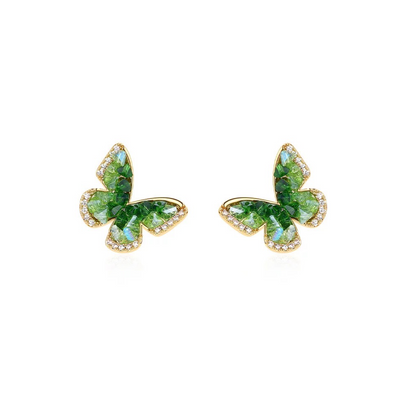 Emerald Green Crystal Butterfly Earrings Clip-On Stud Women Summer 2025 with gold trim and sparkling stones