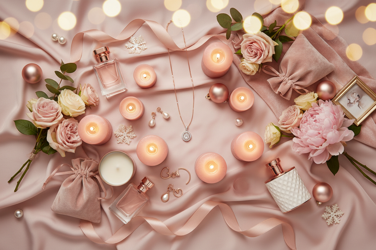 Luxury romantic Christmas flat-lay; warm candlelike glow, blush and rose tones, jewelry displayed with 4 abstract romantic gift elements (floral accents, soft-scent pieces, velvety accessories); soft fabric textures, delicate ribbon, holiday bokeh lights, elegant and premium feminine mood.