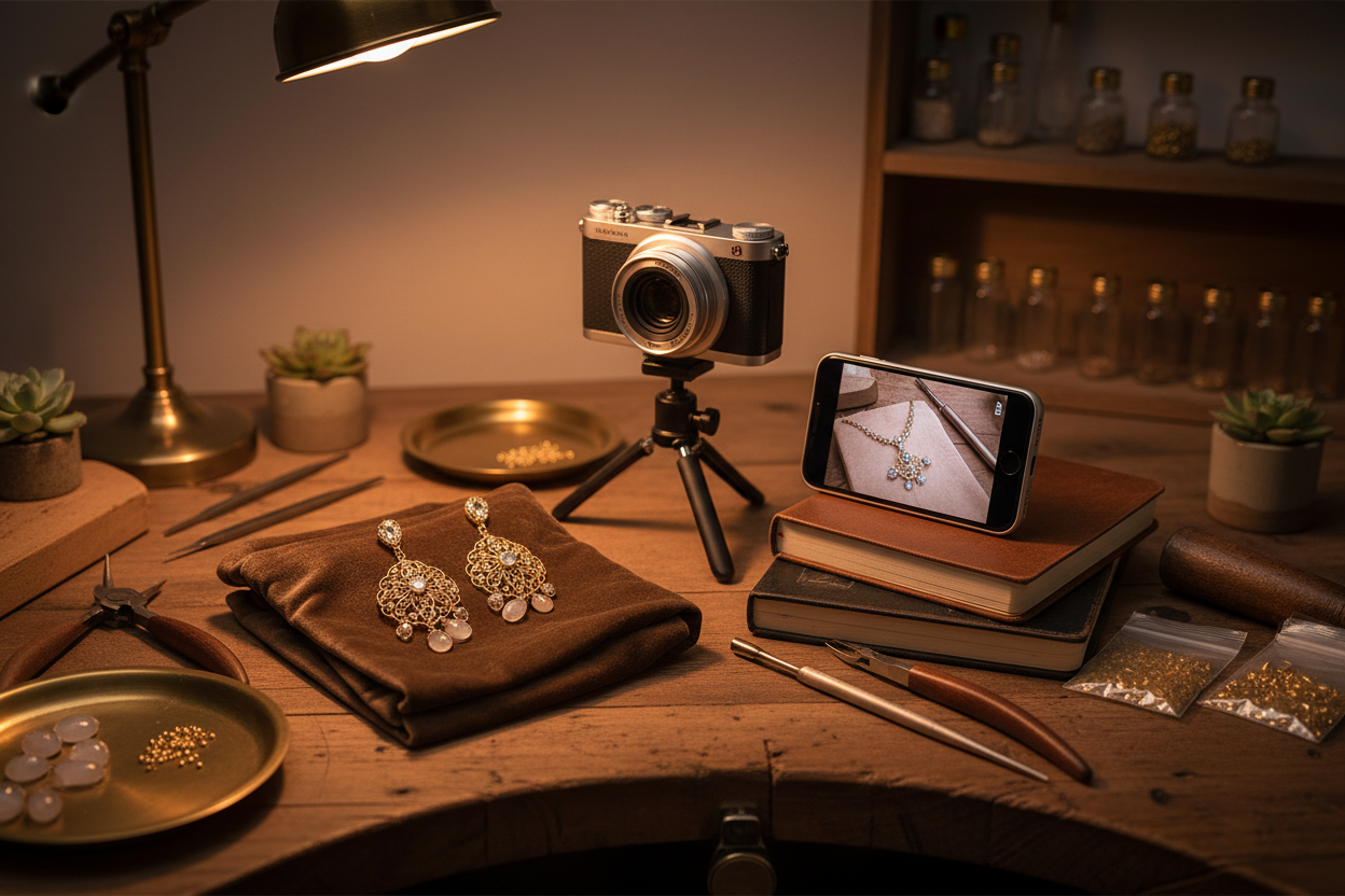 Luxury small-studio jewelry setup with soft caramel and champagne tones. A pair of premium gold or gemstone pieces placed on velvet fabric (mocha, deep taupe, or champagne). A high-end phone or small camera screen showing a jewelry video preview. Subtle warm spotlighting, refined textures, artisan tools neatly arranged. High-class yet intimate studio atmosphere.