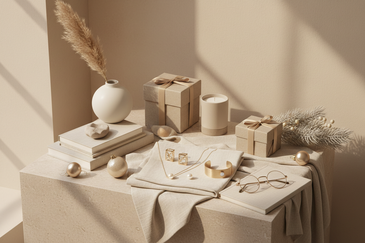 Minimal high-end Christmas still-life; beige, cream, champagne tones; jewelry arranged with 4 abstract minimal gift elements (neutral décor, refined lifestyle accessories); matte surfaces, linen textures, warm soft light, calm cozy aesthetic, premium boutique style, subtle holiday accents.