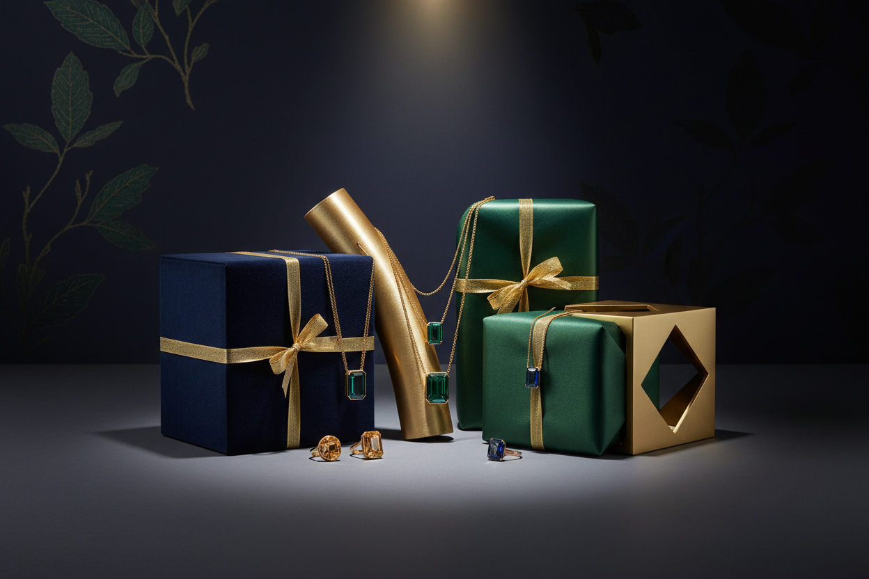 Modern luxury Christmas composition; deep navy, emerald, and muted gold tones; jewelry styled with 4 abstract modern gift elements (metallic accents, velvet-inspired packaging); low warm spotlight, matte textures, editorial high-fashion vibe, sophisticated and premium.