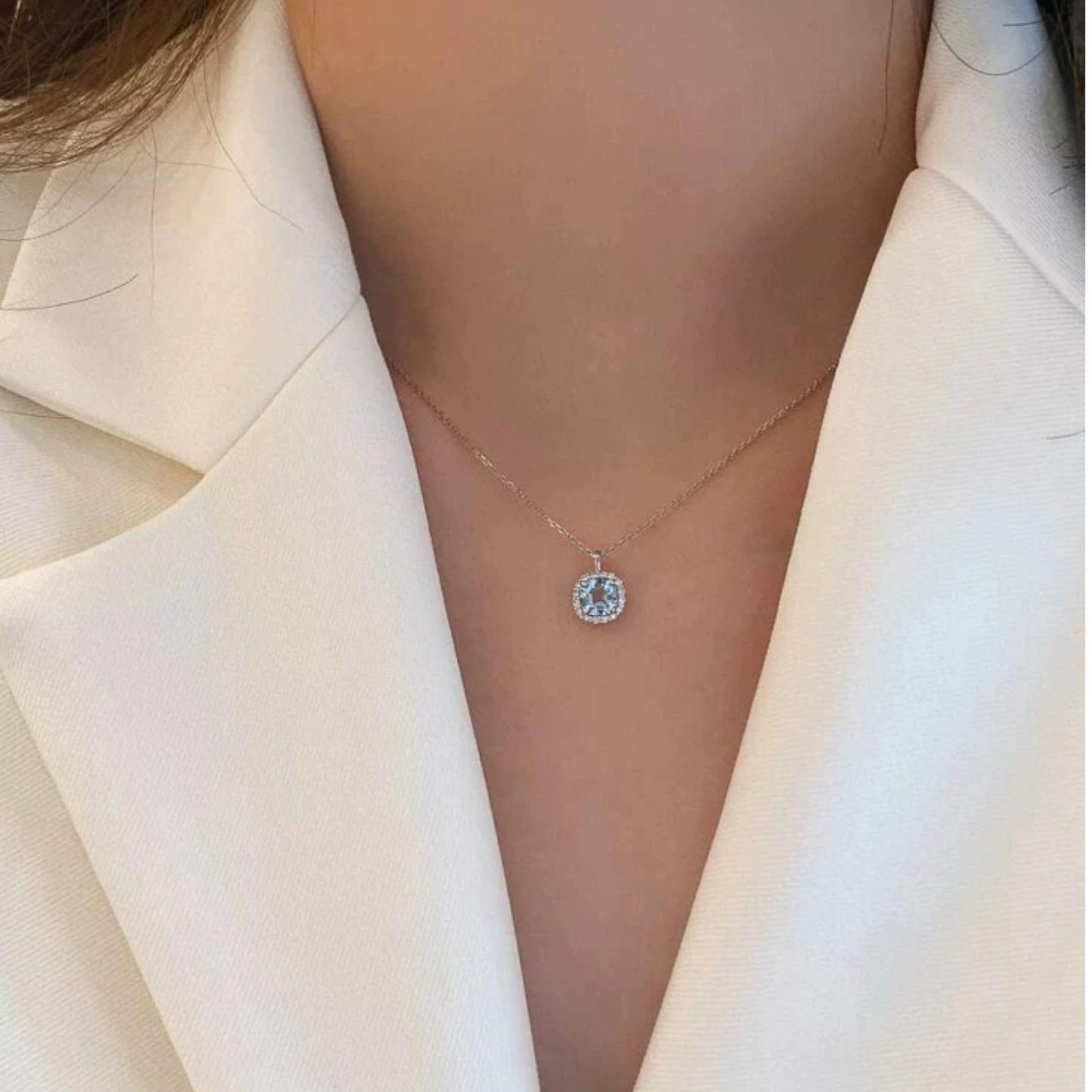 Sea Salt Mint Blue Cube Necklace Sterling Silver S925 Diamond Accent Luxury Pendant worn with white blazer