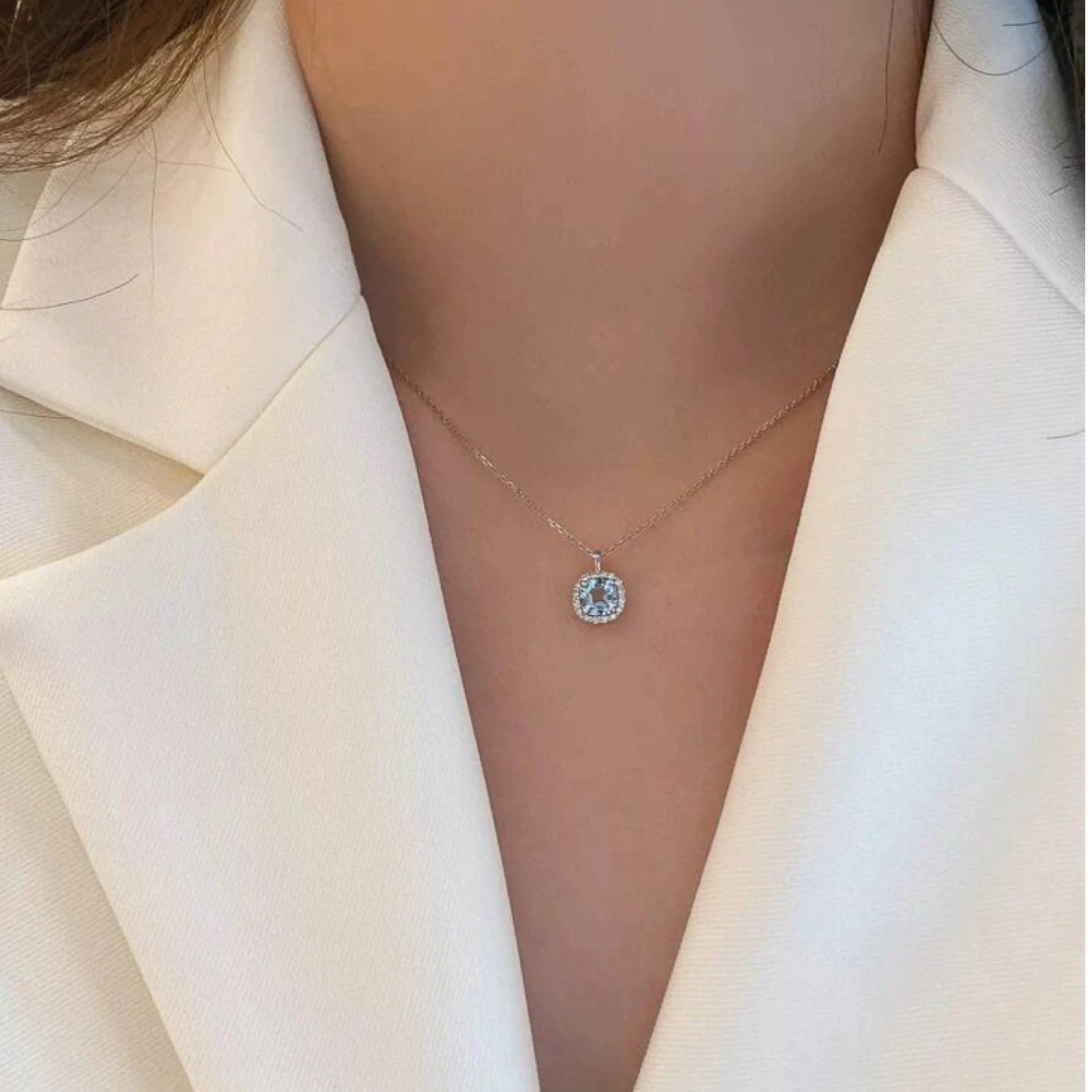 Sea Salt Mint Blue Cube Necklace Sterling Silver S925 Diamond Accent Luxury Pendant worn with white blazer