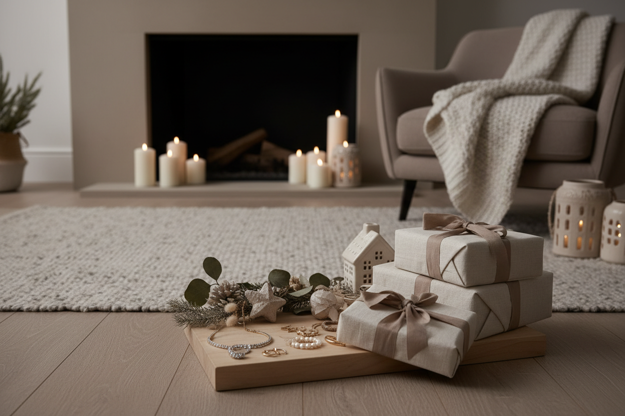Warm family-friendly Christmas scene; neutral palette (taupe, cream, warm grey), jewelry displayed with 4 abstract cozy gift elements (neutral décor, home lifestyle pieces); candlelike warm light, natural textures, welcoming and premium look, soft holiday glow.
